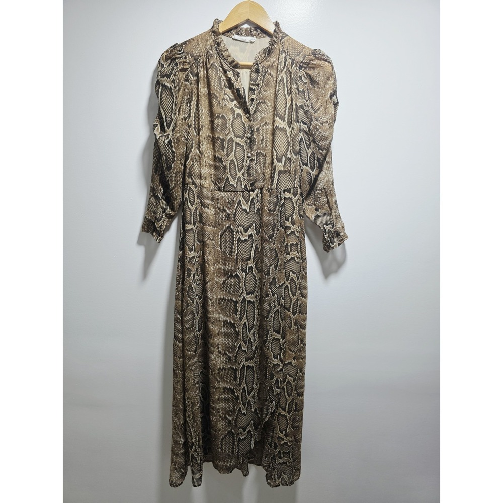 MNG Dress Womens Brown Snake Printed Button-Up Front Long Puffed Sleeve Size S